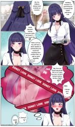 2girls black_skirt blush censored classroom collar completely_nude cunnilingus eating_pussy english_text facesitting honkai_impact_3rd imagining kiana_kaslana kiana_kaslana_(herrscher_of_finality) kudayunii licking_pussy looking_pleasured onomatopoeia open_mouth panels purple_eyes purple_hair raiden_mei raiden_mei_(apho) remembering sitting_on_face speech_bubble teacher tremble_lines trembling very_long_hair white_shirt woman_on_top yuri