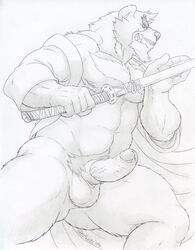 1boy 2016 abs action_pose anthro artist_name balls ballsack bear beefy dudebulge erection facial_hair fighting_stance foreskin foreskin_folds furry_balls glans goatee greyscale grin hi_res holding_object holding_weapon hybrid_penis intact katana kumatetsu low-angle_view male male_nipples male_only male_pubic_hair mammal melee_weapon monochrome mostly_nude_male muscles muscular_male mustache open_robe pecs pencil_(artwork) penis pose pubes retracted_foreskin scrotum sharp_teeth sheath sheathed_humanoid_penis sideburns smile solo sword teeth testicles the_boy_and_the_beast traditional_media_(artwork) uncut vein veiny_penis weapon