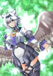 absurdres brown_wings female hands_on_another's_hips highres indie_virtual_youtuber kayamori_emma long_hair low_wings multicolored_hair official_alternate_costume pelvic_curtain print_shirt purple_nails shirt virtual_youtuber watashiwatashi wings yellow_eyes
