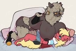 alpaca anthro bat_pony bat_wings bed bedding bedroom_eyes big_breasts black_arms black_body black_skin blanket bottomless breast_squish breasts brown_body brown_ears brown_face brown_fur brown_skin camelid clothed clothing cloven_hooves duo equid eyewear face_on_breast fan_character female fluffy fluffy_ears fluffy_hair fluffy_tail fur furniture ginger_(snow_angel) glasses grey_body hair hand_on_breast hasbro hi_res hooves huge_breasts inverted_nipples jack_(jackpon3) larger_female lying lying_on_bed male male/female mammal membrane_(anatomy) membranous_wings multicolored_body multicolored_skin my_little_pony narrowed_eyes neck_tuft nipples on_back on_bed round_glasses seductive size_difference smile snow_angel_(artist) squish tail tan_body tan_fur tan_hair thick_thighs tongue tongue_out translucent tuft two_tone_body two_tone_skin wings yellow_eyes