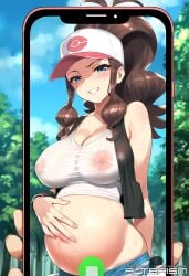 1girls ai_generated alterism big_breasts bloated_belly blue_eyes brown_hair cap cleavage curvy evil_grin female_focus forest hilda_(pokemon) jacket large_breasts light-skinned_female light_skin long_hair looking_at_viewer naughty_face navel nipples open_clothes outdoors pokemon pokemon_bw ponytail posing pregnant pregnant_belly pregnant_female see-through shiny_skin shirt shorts standing sweat thick_thighs thighs wide_hips