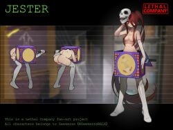 ass breasts female hair_censor hair_over_one_eye humanization jester_(lethal_company) lethal_company long_hair looking_at_viewer mask red_eyes red_hair solo theamazingspino thighhighs topless