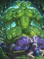 abs ai_art ai_generated alistar anthro balls bara bara_tiddies bara_tits big_balls big_penis black blue_hair bound bovid bovine bull cattle cave clenched_teeth cum cum_between_pecs cumdrip excessive_cum eyes fur furry gay goo goo_creature goo_transformation goonerism green_body green_skin highres horn horns huge_muscles lactation league_of_legends lying lying_on_back male male_lactation minotaur muscles muscular muscular_male nipples nose_ring on_top patreon pec_grab pec_grasp pec_squeeze pecs pectoral_grab penis pinned purple_skin red_sclera restrained riding riot_games saggy_balls self_upload slime slime_(substance) slime_monster tail tail_grab tentacle tentacle_bondage tentacle_on_male tentacle_sex tongue tongue_out transformation veiny_muscles veiny_penis watermark yaoi yellow_sclera zac