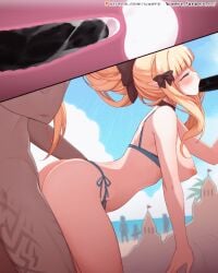 1girl 2boys animated ass beach beach_sex bikini blonde_hair blowjob blue_eyes bouncing_breasts breasts breasts_out clothed_female clothed_female_nude_male clothed_penetration clothed_sex cum cum_in_pussy cum_inside cygames ejaculation elf_ears elf_female female gif hair_grab heavenly_ass leaning_forward medium_breasts penis princess_connect! princess_connect!_re:dive saren_(princess_connect!) saren_(summer)_(princess_connect!) sex spitroast thighs threesome vaginal vaginal_penetration vaginal_sex waero x-ray