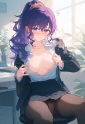 1girls ai_generated asahina_mafuyu big_breasts blush breasts breasts_out cleavage female female_focus female_only high_resolution highres legs legs_apart looking_at_viewer open_shirt panties pantyhose pov project_sekai purple_eyes purple_hair showing_breasts sitting sitting_on_chair solo solo_female solo_focus suit tits_out visible_underwear
