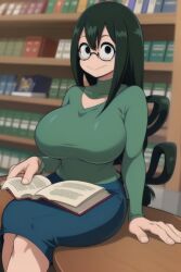 ai_generated book glasses library looking_at_viewer my_hero_academia nude reading skirt tsuyu_asui v-neck