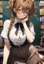 ai_generated blush braided_twintails breasts_squeezed_together brown_hair glasses high_school_dxd holding_face horny horny_female kiryuu_aika messy_hair neck_ribbon school_skirt school_uniform schoolgirl shirt skirt smile tight_clothing tight_fit twintails yellow_eyes