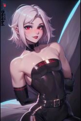 1boy abstract_background ai_generated bare_shoulders cleavage collar cute darabri detached_sleeves femboy feminine_male flat_chested flat_chst gay girly goth lips logo makeup otoko_no_ko outlines pale_skin patreon patreon_logo red_eyes red_lipstick trap white_hair yaoi