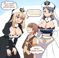 1boy 2girls anime cute genshin_impact gettlinde_(genshin_impact) grace_(genshin_impact) hentai hinghoi large_breasts larger_female milf npc npc_(genshin_impact) nun nuns sister_gettlinde sister_grace timmie timmie_(genshin_impact)