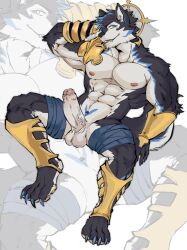 abs absurd_res anthro archermagnum black_body black_fur blue_claws blue_eyes blue_markings canid canine canis claws fur genitals hi_res male male_only mammal markings muscular muscular_male penis solo tangdog2 thunderrangers white_body wolf yellow_eyes