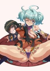 2girls ahoge ass bare_shoulders black_hair blush bodysuit breasts brown_eyes cagliostro_(symphogear) cameltoe closed_mouth covered_anus green_hair grin highres large_breasts long_hair looking_at_viewer multiple_girls nipples no_bra one_eye_closed pink_background prelati_(symphogear) purple_eyes pussy pussy_peek senki_zesshou_symphogear simple_background skin_tight small_breasts smile spread_legs sweat syunzou tongue tongue_out