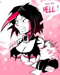 1girls black_hair blackwidow_apocalypse breasts capslockcrush coat english_text female_only izzy_fisher official_art official_artist pink_eyes pink_highlights ripped_clothing ripped_shirt sharp_teeth speech_bubble text underboob webcomic webtoon