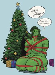 areola_peek christmas christmas_tree green_hair green_skin huge_breasts magentariot marvel muscular_female presents ribbon ribbon_bondage she-hulk thick_thighs wide_hips