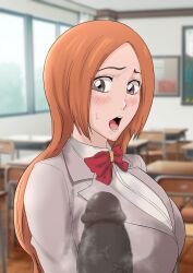 1boy 1girls big_penis bleach bleach:_the_thousand-year_blood_war breasts censored classroom dark-skinned_male dark_penis dark_skin female highres huge_breasts imminent_fellatio inoue_orihime iwao178 large_breasts long_hair looking_at_another looking_at_partner looking_at_penis male open_mouth orange_hair penis school school_uniform schoolgirl source_request tagme veins veiny_penis