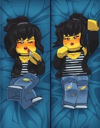 black_hair blush breasts cleavage girl lego lego_anatomy lipstick looking_at_viewer ninjago nya_(ninjago) ponytail shadman the_lego_ninjago_movie torn_clothing