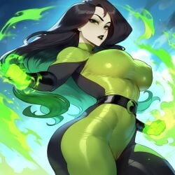1girl ai_generated black_hair black_lipstick bodysuit female_focus female_only goth_girl green_eyes green_fire green_skin jagat_ai kim_possible lipstick long_hair multicolored_body multicolored_hair novelai pale_skin parted_lips shego thiccwithaq_(ai_style)