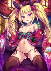 armpits bangs black_nails blazblue blonde_hair blush bracelet breasts collarbone eyebrows eyebrows_visible_through_hair eyeliner eyeshadow fangs female floral_print hair_flower hair_ornament hair_ribbon jewelry kimono light_blush lingerie long_sleeves looking_at_viewer lowleg_panties makeup nail_polish navel nipples obi open_kimono open_mouth panties pinwheel presenting rachel_alucard red_eyes ribbon sash slit_pupils small_breasts solo stomach string_panties thighhighs toraishi_666 twintails vampire wide_sleeves