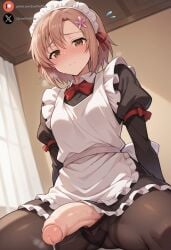 1futa ai_generated balls big_penis blush boku_wa_tomodachi_ga_sukunai brown_eyes brown_hair clothing cock dickgirl foreskin futa_only futanari huge_cock indoors intersex light-skinned_futanari light_skin looking_at_viewer low-angle_view maid penis precum short_hair sitting small_breasts solo sweat sweating sweaty_body uncircumcised yukimura_kusunoki