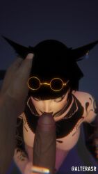 1boy 1girls 3d alterasr animated bare big_penis black_hair blender cat_ears cat_tail catgirl dark-skinned_male fellatio female ffxiv final_fantasy final_fantasy_xiv glasses glasses_on_head implied_fellatio kneeling miqo'te no_sound nude penis pov slut tagme ugly_bastard video