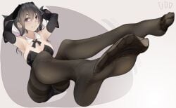 1girls 2d armpits arms_up ass big_breasts black_hair black_panties black_tights blush breasts bunny_girl bunnysuit edakaradekiru eyebrows_visible_through_hair feet female female_only large_breasts legs looking_at_viewer original original_character panties purple_eyes simple_background sitting soles solo sweat sweatdrop thighs tights