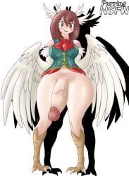 1futa 2d artist_name big_breasts big_penis bird_feet bird_wings blush bottom_heavy bottomless breasts brown_eyes brown_hair clothed clothing commission emily(blarghonator) feathers flaccid futa_only futanari hanging_penis harpy harpy_girl huge_cock humanoid light-skinned_futanari light_skin long_hair monster_girl oc original_character partially_clothed penis penis_out purringnsfw shadow smiling solo standing thick_thighs white_background wide_hips wings