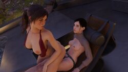 2girls 3d bench_sex bikini_top_only couple_sex crossover dildo dildo_in_pussy ellie_(the_last_of_us) ellie_williams female female_only human lara_croft looking_at_another looking_at_partner multiple_girls ponytail reverse_cowgirl_position showing_breasts sony_interactive_entertainment square_enix strap-on the_last_of_us tomb_raider white_skinned_female yuri