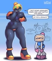 black_skin bomberman bomberman_(species) english english_dialogue english_text funny_face helmet high_heels lady_bomber man_face(roblox) meme nudity pussy_sticker robot robot_girl size_difference tmogumi white_bomberman