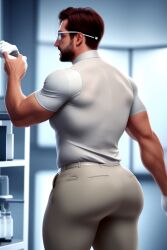 ai_generated ass big_butt big_buttocks bubble_butt butt_focus buttocks caked_up chestnut_hair gay glasses human human_only laboratory laboratory_equipment light-skinned_male light_skin male men_only muscular_back muscular_man muscular_thighs pale_skin scientist tight_clothing tight_pants unifrom