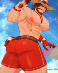 1boy ass ass_focus bara beard blizzard_entertainment brown_hair clothing cole_cassidy lifeguard_cassidy male male_nipples male_only manly mature_male muscular_male nipples overwatch overwatch_2 rapbitan