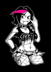 1girls abs black_hair blackwidow_apocalypse capslockcrush cross curvaceous curvy curvy_body curvy_female curvy_figure female_only fishnets fit_female izzy_fisher official_art official_artist pink_highlights ripped_clothing ripped_shirt ripped_shorts sharp_teeth short_shorts shorts underboob webcomic webtoon