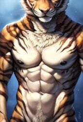 1boy 2024 abs ai_generated anatomically_correct anthro athletic athletic_male avaru biceps black_nipples close-up felid feline feline_humanoid fur furry male male_focus male_only mammal multicolored_body multicolored_fur muscular muscular_male navel nude nude_male pink_nose simple_background solo solo_anthro solo_male striped_body striped_fur stripes tiger tuft whiskers