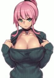 :3 animated breasts bust choker clavicle cleavage clothes_pull dance dancing female green_eyes houtengeki hybrid_animation large_breasts looking_at_viewer no_legs original photoshop pink_hair pointy_ears ponytail ribbed_sweater shaking_breasts shaking_butt short_hair simple_background skull solo stroke_(animator) sweater sweater_pull tied_hair upper_body white_background