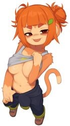 1girls big_breasts bloons_td_6 bloons_tower_defense blush brown_eyes brown_fur brown_hair fur looking_at_viewer partially_clothed presenting rosalia_(bloons_tower_defense) shirt_lift smile solo standing tail tongue_out yoako