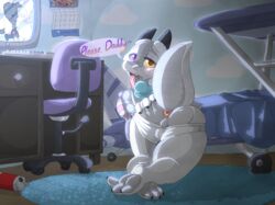 2017 3_toes advanced_background animal_genitalia anthro anus ass backsash balls bed blush chair claws clothed clothing computer desk detailed_background dialogue digital_media_(artwork) dragon english_text heterochromia hi_res hindpaw horn inside looking_at_viewer looking_back male open_mouth paws penis pillow presenting rear_view reptile scales scalie sheath solo solo_male spread_legs spreading teeth text toe_claws toes tongue tongue_out underwear wyvern young