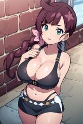 1girls ai_generated belly_button big_breasts black_clothing bra braid breasts brown_hair chloe_(pokemon) cleavage collarbone female green_eyes looking_at_viewer miniskirt navel pokemon ryuzam short_skirt solo tied_hair