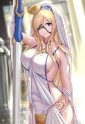 almost_nude angelic blue_eyes clothed clothed_breasts clothed_female dark_blue_eyes female female_only goblin_slayer golden_hair holy_woman large_sword long_hair looking_at_viewer looking_sad mask mask_off mask_on_head mask_pull one_eye_covered pinup sad sad_expression sad_face scale sideboob solo sword sword_maiden_(goblin_slayer) tagme_(artist) thin_clothing very_long_hair white_clothing yellow_hair