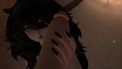 1boy 1girls black_hair hand_on_penis handjob holding_penis imminent_oral penis_on_face thick_penis vrcfemboy vrchat