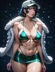 1girls ai_generated arm_support bare_legs bare_shoulders bare_thighs baseball_cap big_breasts blush bra cape color female female_focus female_only fr34ky fubuki_(one-punch_man) green_eyes green_hair hi_res large_breasts light-skinned_female light_skin lipstick looking_at_viewer nipples_visible_through_clothing one-punch_man pussy_visible_through_clothes short_hair skirt solo solo_female superheroine tagme thick_thighs thong thong_above_skirt thong_straps