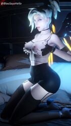 black_nail_polish black_nails blonde_hair bloosayshello breasts fingerless_gloves fishnets high_heels jewelry mercy nipple_piercing nipples open_mouth overwatch overwatch_2 stockings