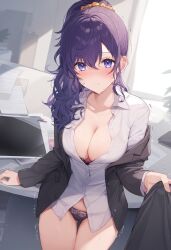 1girls ai_generated asahina_mafuyu ass big_breasts blush blush bra breasts breasts breasts cleavage female female_focus female_only high_resolution highres legs looking_at_viewer panties pov project_sekai purple_eyes purple_hair solo solo_female solo_focus suit taking_clothes_off thighs undressing visible_underwear