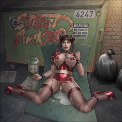 1girls abs asian asian_female bondage capcom chun-li collar cum degradation dumpster female femsub free_use gaping gaping_pussy garbage garbage_bag high-heeled_jill high_heels humiliation leaking_cum leash pricelist public_use pussy solo solo_female spread_legs street_fighter taped_nipples trash trash_bag