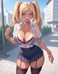 1girls ai_generated blonde_hair button_down_shirt huge_breasts leg_stockings legwear lewdwaifulaifu looking_at_viewer school_uniform see-through_top skirt slim_waist thick_thighs thighs twintails wet_clothes yellow_eyes