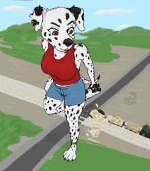 anthro canid canine canis clothing crushed_vehicle dalmatian domestic_dog ear_piercing female hi_res high-angle_view inxt macro mammal on_one_leg pawpads piercing solo standing tank train_tracks vehicle