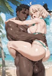 1girls ai_generated anal anal_sex big_penis blonde_hair blowjob breasts dark-skinned_male dark_penis fate_(series) fellatio female fucked_from_behind fucked_silly hair_ribbon interracial light-skinned_female mikayori okita_souji_(fate) okita_souji_(fate)_(all) ribbon sex_slave slutty_outfit tagme yellow_eyes