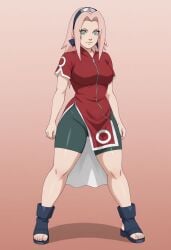 1girls ai_generated blue_sandals civitai green_eyes green_shorts headband medium_breasts naruto naruto_(classic) pink_hair red_dress sakura_haruno sakura_haruno(genin) tagme thighs voluptuous_female wide_hips