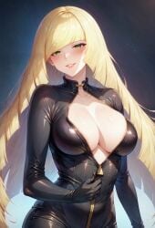 1girls ai_generated aimoonshine alternate_breast_size bangs black_bodysuit blonde_hair blush bodysuit breasts cleavage collarbone female female_only green_eyes large_breasts latex latex_bodysuit latex_suit long_hair looking_at_viewer lusamine_(pokemon) mature_female nintendo parted_lips partially_unzipped pokemon pokemon_sm rubber shiny shiny_clothes smile solo unzipped unzipping very_long_hair zipper zipper_pull_tab