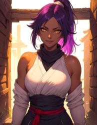 adult ai_generated alley anime arczisan beautiful beautiful_females bleach bleach:_the_thousand-year_blood_war confident confident_smile curvy dark_skin female female_only grim_reaper japanese_clothes large_breasts looking_at_viewer ponytail purple_highlights shihouin_yoruichi smile solo_focus stable_diffusion voluptuous voluptuous_female