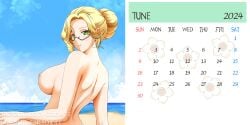 1girls 2024 2:1 beach big_breasts bikini blonde_hair breasts calendar_(medium) calendar_pinup female female_only glasses glynda_goodwitch green_eyes hair_bun june kimmy77 large_breasts mature_female nude nude_female rwby white_background