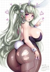 1girls ass big_ass big_breasts breasts bunny_ears bunny_girl bunnysuit dat_ass female goddess_of_victory:_nikke green_hair huge_ass huge_breasts long_hair looking_at_viewer looking_back purple_eyes sevie soda_(nikke) soda_(twinkling_bunny)_(nikke) voluptuous voluptuous_female