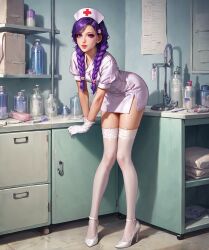 ai_generated braids gloves high_heels macorony nurse nurse_cap nurse_uniform purple_eyes purple_hair stockings white_legwear